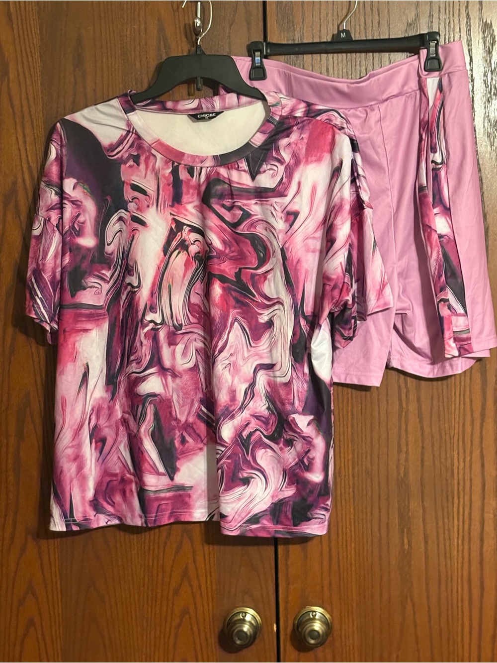 Chicme Pink Marble Swirl Short Sleeve Top and Pink Shorts Set 3X